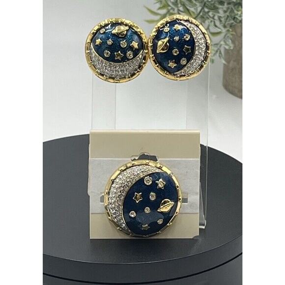Swarovski Swan Blue Enamel Pave Crystal Star Moon Saturn Brooch & Clip Earrings - Picture 1 of 15